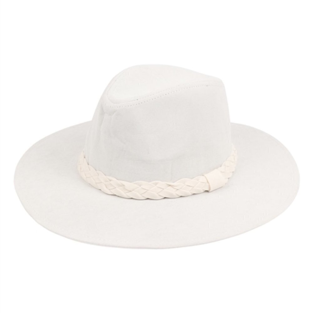 IVORY GRAY FASHION BRIM HAT WITH BRADED TIE